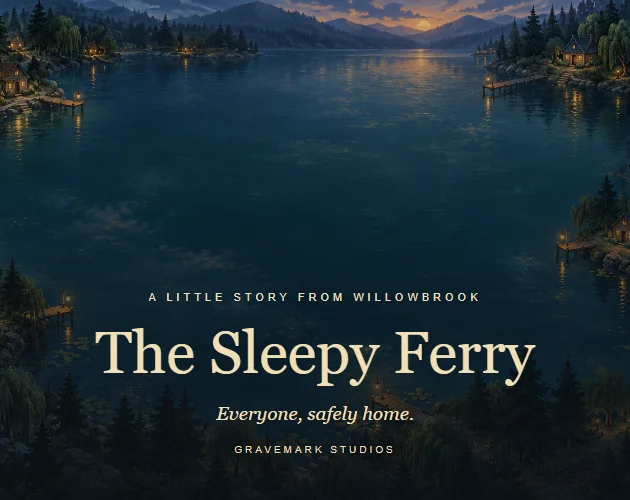 The Sleepy Ferry artwork showing a quiet lake and lantern-lit shores